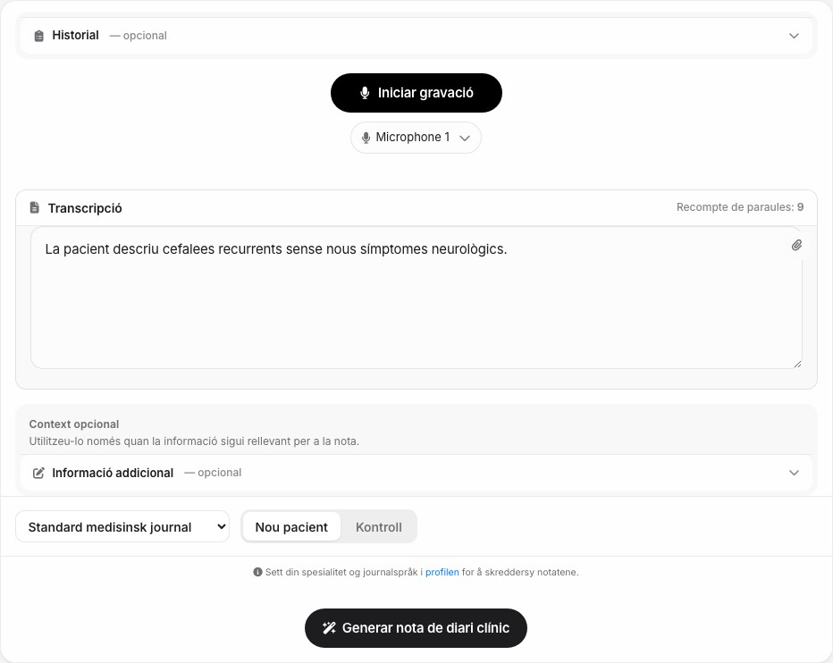 Captura de pantalla de l’espai de treball de notes clíniques de MediVox