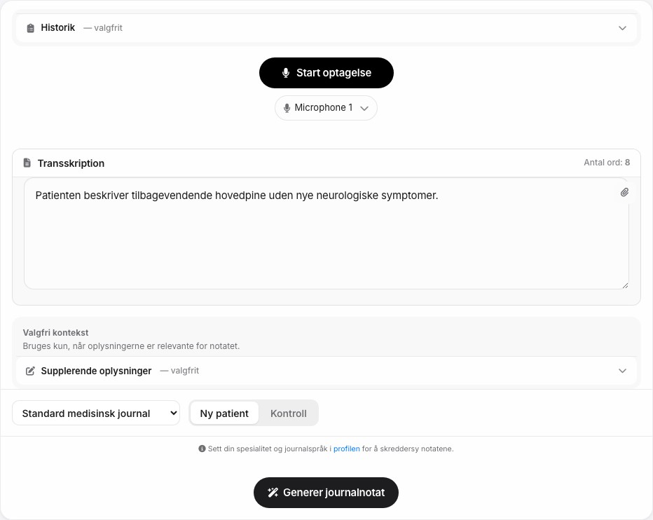 Skærmbillede af Journal-arbejdsfladen i MediVox