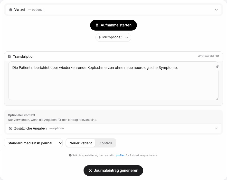 Screenshot des Journal-Arbeitsbereichs in MediVox