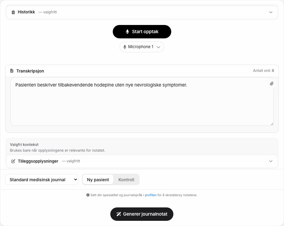 Skjermbilde av Journal-arbeidsflaten i MediVox