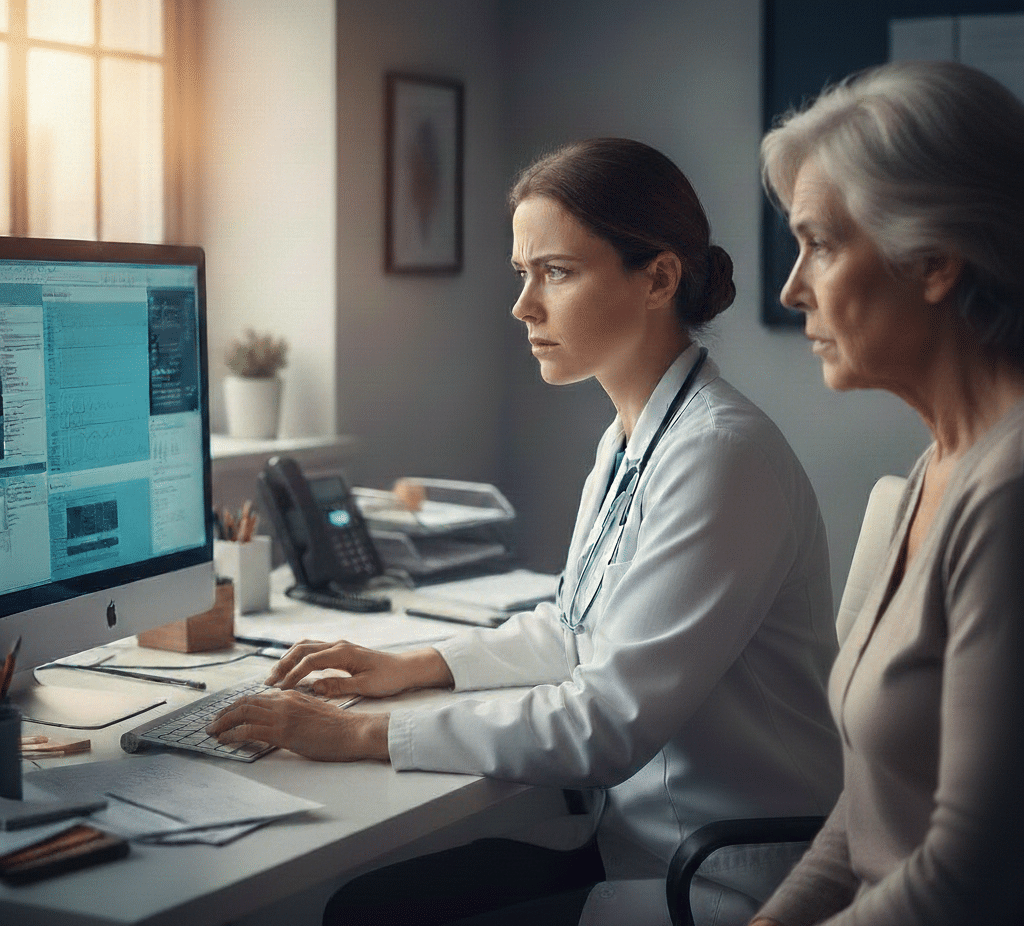 lege stirrer inn i skjermen