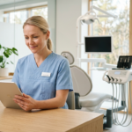 Dentist reviews structured patient record on tablet between patients — record-keeping as a dentist in a modern Nordic clinic.