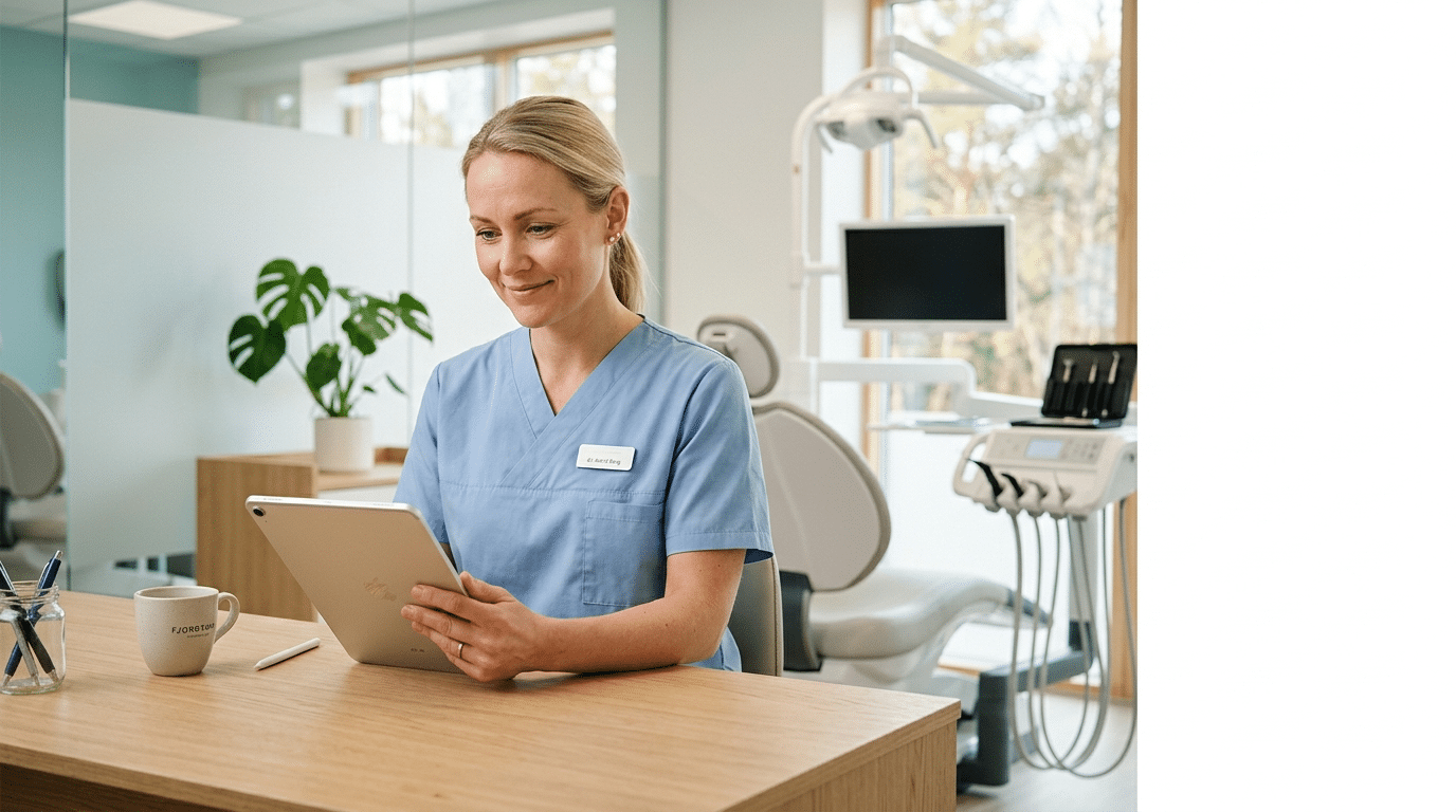 Dentist reviews structured patient record on tablet between patients — record-keeping as a dentist in a modern Nordic clinic.