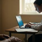 En lege ser ned i en laptop-skjerm under en konsultasjon, mens pasientens stol skimtes i forgrunnen — øyeblikket pasienten venter på øyekontakt som ikke kommer.