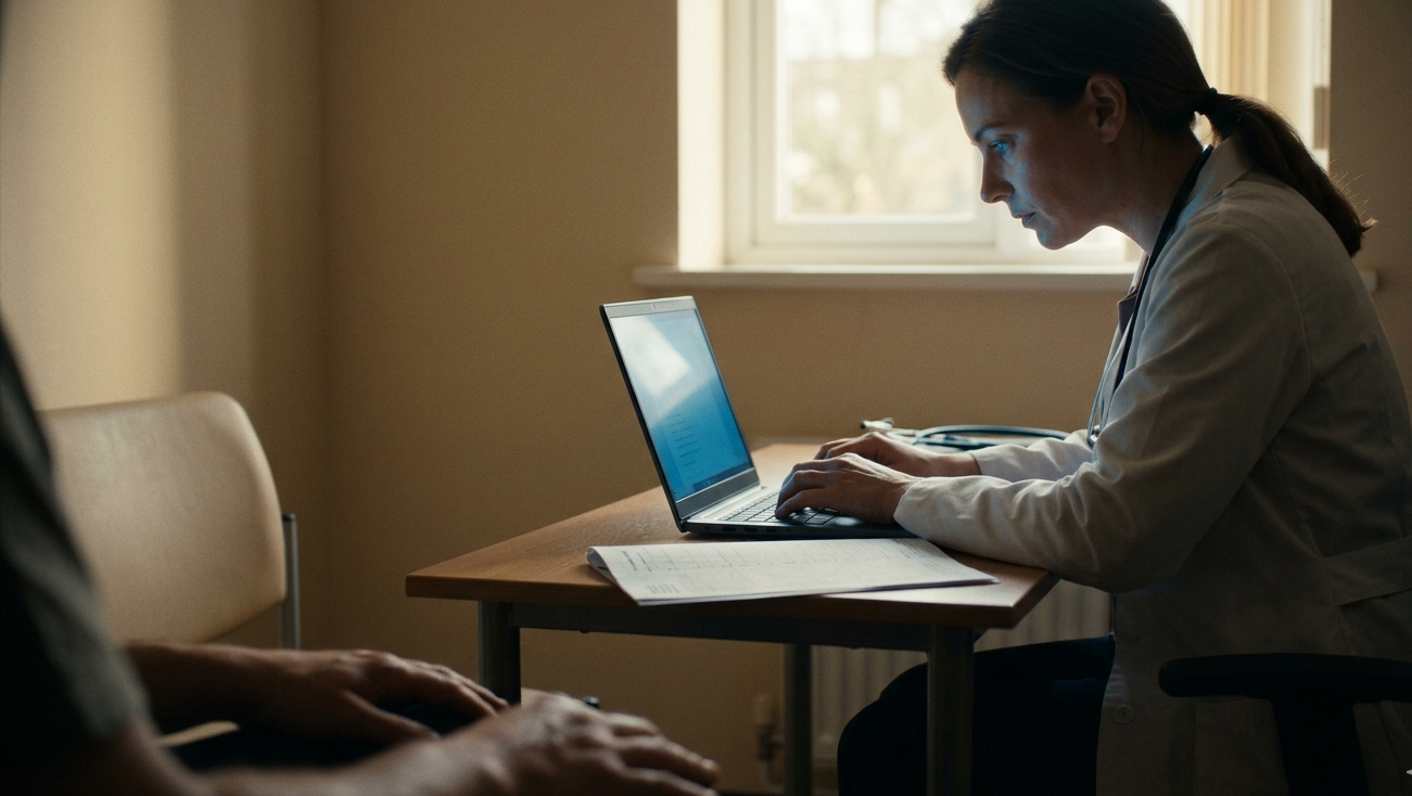 En lege ser ned i en laptop-skjerm under en konsultasjon, mens pasientens stol skimtes i forgrunnen — øyeblikket pasienten venter på øyekontakt som ikke kommer.