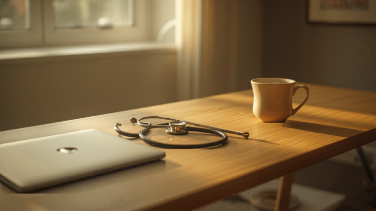 Lukket bærbar PC med stetoskop og kaffekopp på et trebord i sent ettermiddagslys