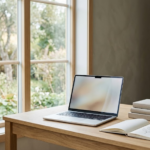 Lyst skandinavisk arbeidsbord ved vindu med åpen laptop, bøker og notatbok – selvdrevet læring og digital kompetanse