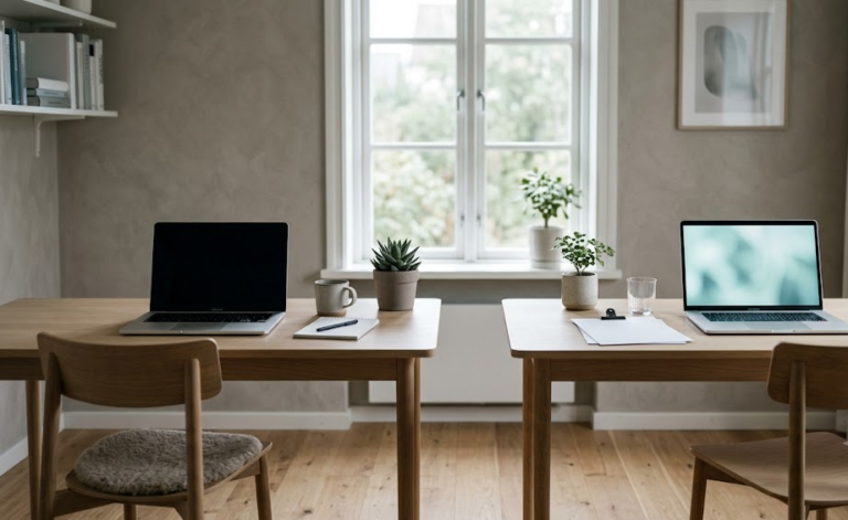To nesten like skandinaviske arbeidsplasser side om side med samme laptop, arrangert litt ulikt – samme verktøy, ulik opplevelse