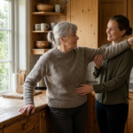 En norsk ergoterapeut hjelper en eldre person med en hverdagsoppgave i eget kjøkken