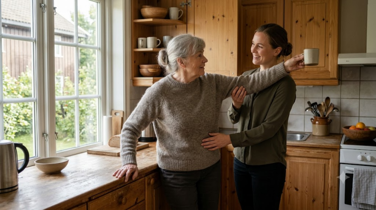 A Norwegian occupational therapist helps an elderly person with an everyday task in their own kitchen.