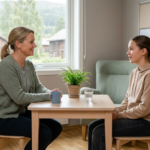 En norsk helsesykepleier i rolig samtale med en ungdom ved et bord i et lyst skolehelsekontor
