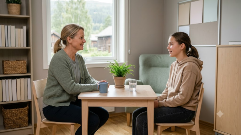 En norsk helsesykepleier i rolig samtale med en ungdom ved et bord i et lyst skolehelsekontor