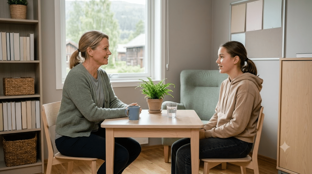 En norsk helsesykepleier i rolig samtale med en ungdom ved et bord i et lyst skolehelsekontor