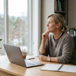 En norsk lege sitter ettertenksomt ved et skrivebord i et rolig klinikkkontor med laptop og notatbok