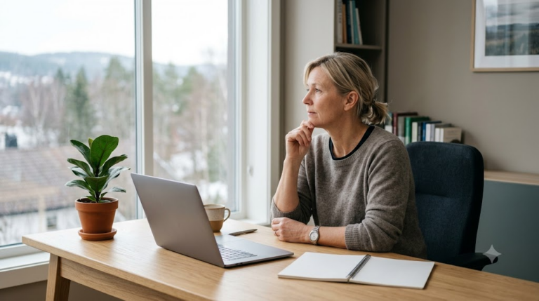 En norsk lege sitter ettertenksomt ved et skrivebord i et rolig klinikkkontor med laptop og notatbok