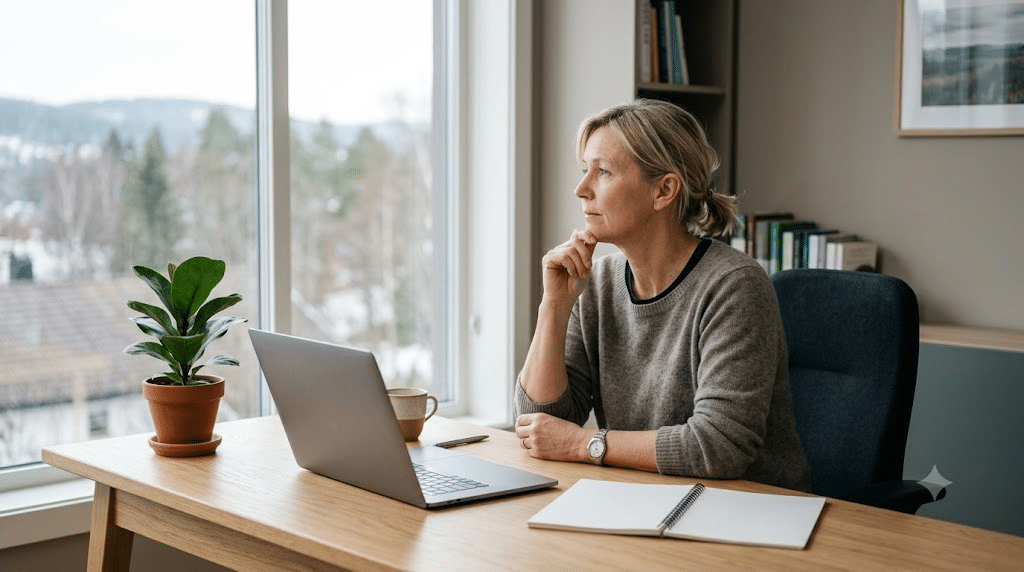 En norsk lege sitter ettertenksomt ved et skrivebord i et rolig klinikkkontor med laptop og notatbok
