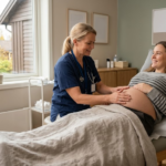En jordmor gjennomfører en rolig svangerskapskontroll med en gravid kvinne i et lyst norsk klinikkrom