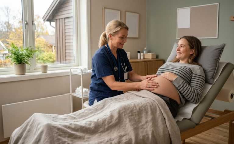 En jordmor gjennomfører en rolig svangerskapskontroll med en gravid kvinne i et lyst norsk klinikkrom
