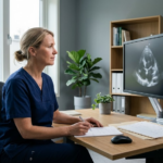 En kardiolog studerer et hjerteultralydbilde på en skjerm i et rolig norsk klinikkkontor