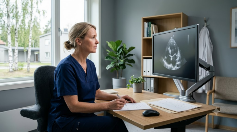 En kardiolog studerer et hjerteultralydbilde på en skjerm i et rolig norsk klinikkkontor