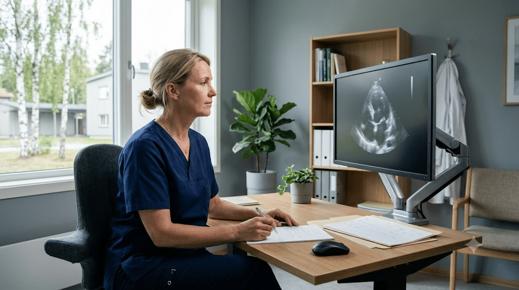 En kardiolog studerer et hjerteultralydbilde på en skjerm i et rolig norsk klinikkkontor