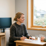 En logoped i en rolig én-til-én-time med en voksen pasient ved et bord i et norsk klinikkrom