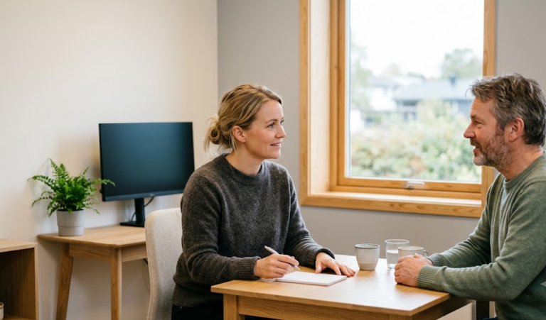 En logoped i en rolig én-til-én-time med en voksen pasient ved et bord i et norsk klinikkrom