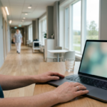 En klinikers hender ved en laptop i en lys norsk sykehuskorridor – rolig digital flyt og orden