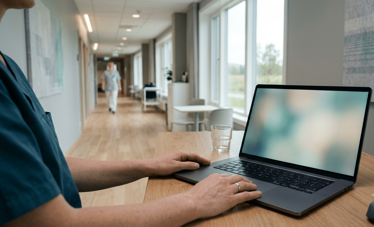 En klinikers hender ved en laptop i en lys norsk sykehuskorridor – rolig digital flyt og orden