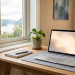 En rolig norsk arbeidsplass med laptop ved et vindu mot fjord – trygg databehandling