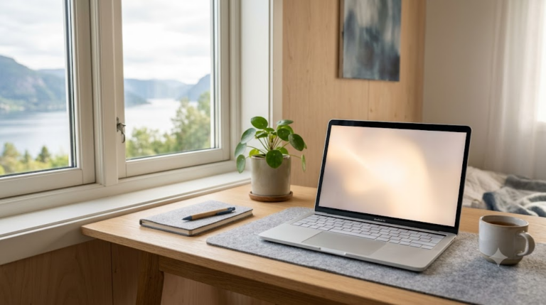 En rolig norsk arbeidsplass med laptop ved et vindu mot fjord – trygg databehandling
