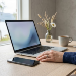 En rolig norsk arbeidsplass med laptop og smarttelefon – trygg og ordnet databehandling
