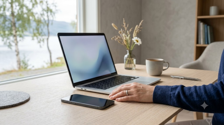 En rolig norsk arbeidsplass med laptop og smarttelefon – trygg og ordnet databehandling