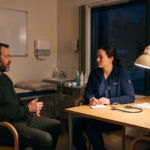 Lege og pasient i samtale på et legevaktkontor om natten, lampelys mot mørkt vindu