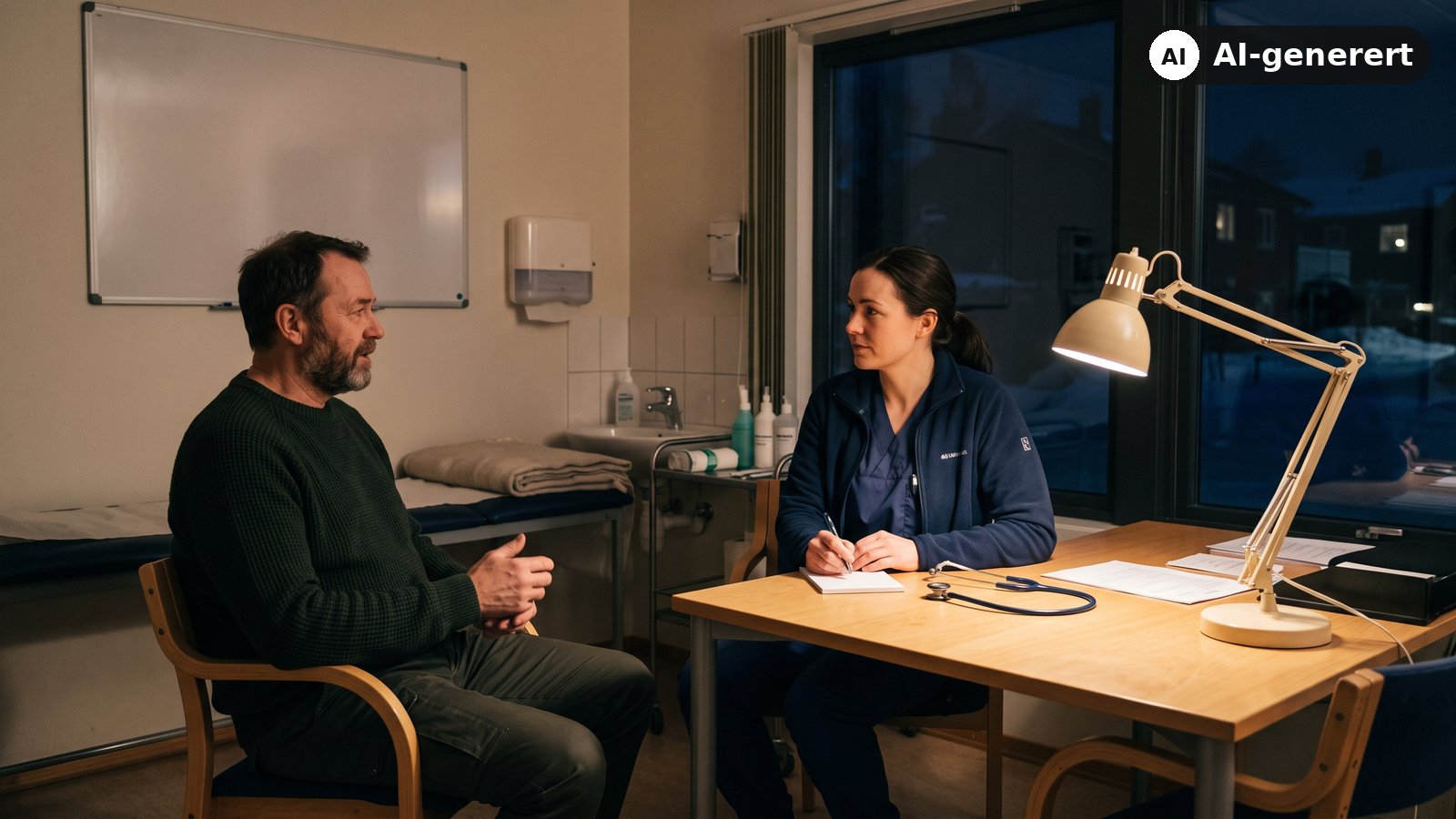 Lege og pasient i samtale på et legevaktkontor om natten, lampelys mot mørkt vindu