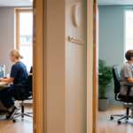 To helsearbeidere ved hver sin datamaskin i to rom i samme klinikk, sett gjennom en åpen dør