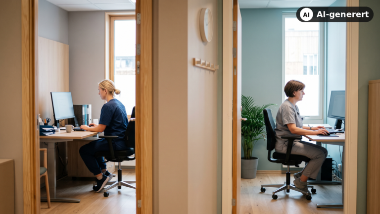 To helsearbeidere ved hver sin datamaskin i to rom i samme klinikk, sett gjennom en åpen dør