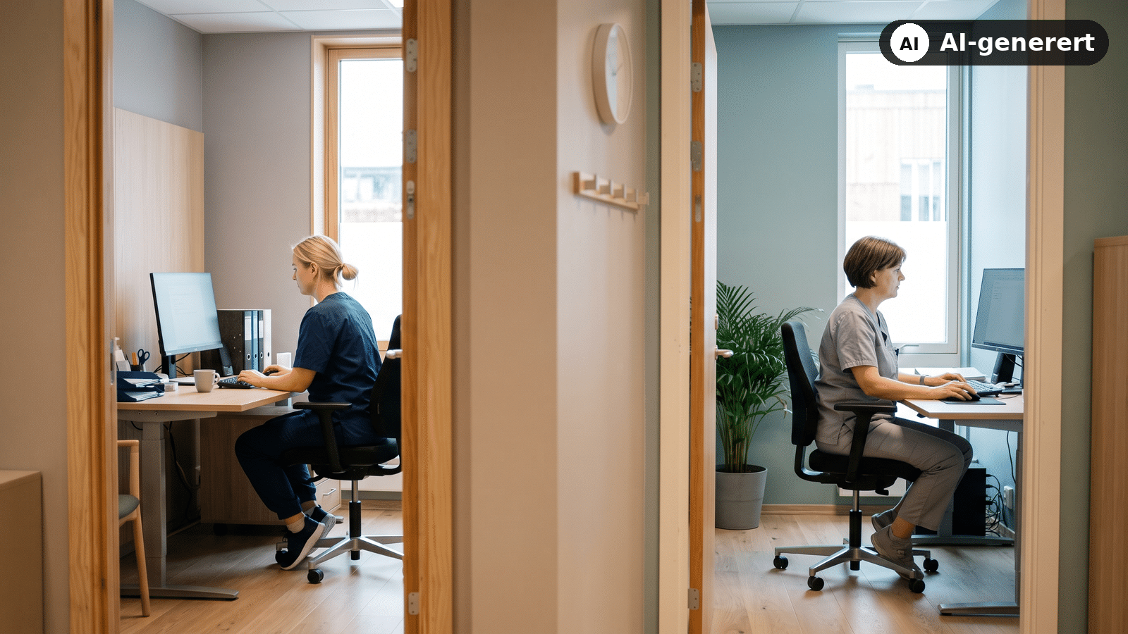 To helsearbeidere ved hver sin datamaskin i to rom i samme klinikk, sett gjennom en åpen dør
