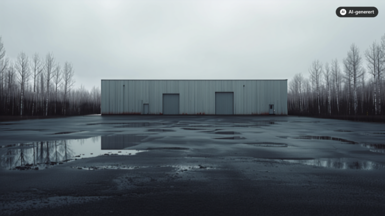 A low Norwegian industrial building seen across a wet, empty parking lot in gray autumn weather with a low cloud cover, no people in the frame