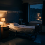 An empty surveillance room in a Norwegian hospital in the early hours, illuminated by a single lamp.