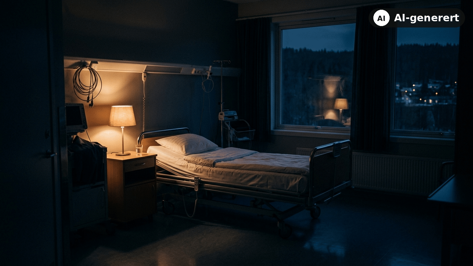 Tomt overvåkningsrom på et norsk sykehus i småtimene, opplyst av én lampe.