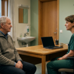 Older man in conversation with the family doctor at a Norwegian medical office, daylight through the window.