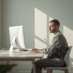 Healthcare personnel sit calmly at a desk in a bright, Nordic office with daylight coming from the window