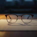 Close-up of a reading glasses lying on a blank sheet of paper on a kitchen table, warm lamplight against blue evening, no people in the image
